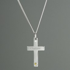 Sterling Silver Cross with 9ct Gold Heart & CZ Necklace