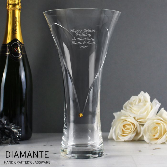 Personalised Large Hand Cut Gold Diamante Heart Vase