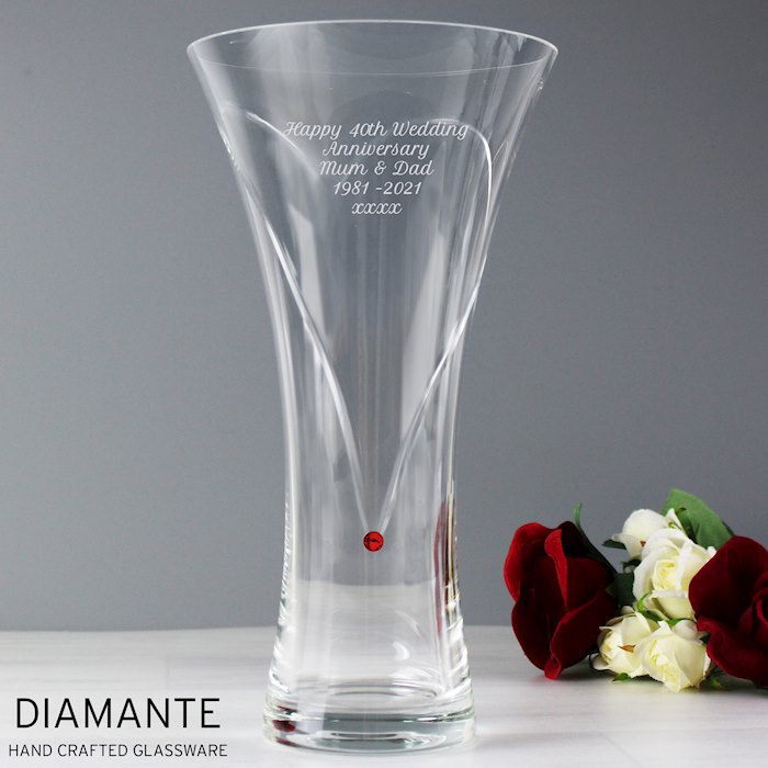 Large Hand Cut Ruby Diamante Heart Vase