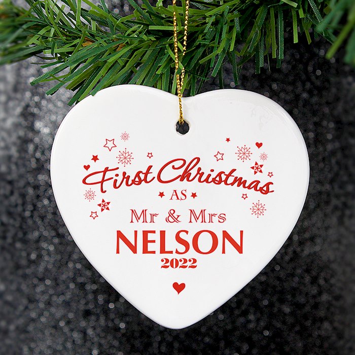 Personalised 'Our First Christmas' Ceramic Heart Decoration