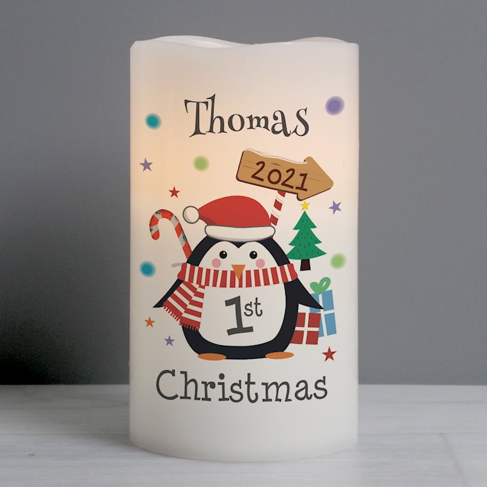Personalised 1st Christmas Penguin LED Candle
