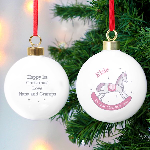 Personalised 1st Christmas Pink Rocking Horse Bauble