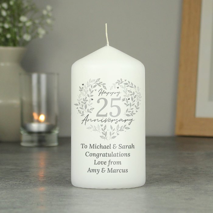 Personalised 25th Silver Wedding Anniversary Pillar Candle