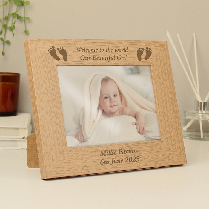 Personalised Baby Feet 5x7 Landscape Oak Finish Photo Frame
