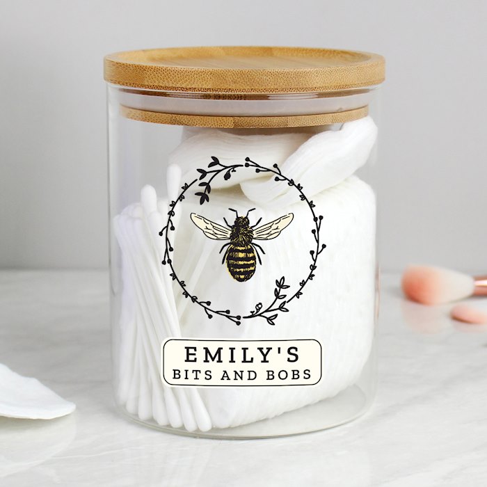 Personalised Bee Glass Jar with Bamboo Lid