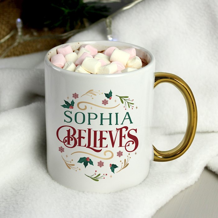 Personalised Believes In Christmas Gold Handled Mug