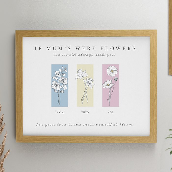 Personalised Birth Flower Family of 3 Oak Framed Print