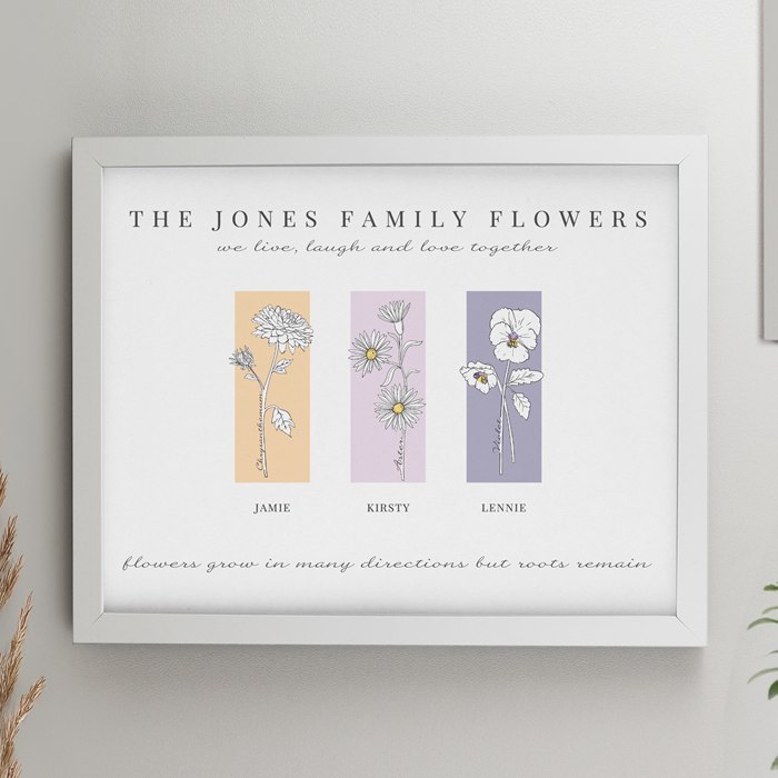 Personalised Birth Flower Family of 3 White Framed Print