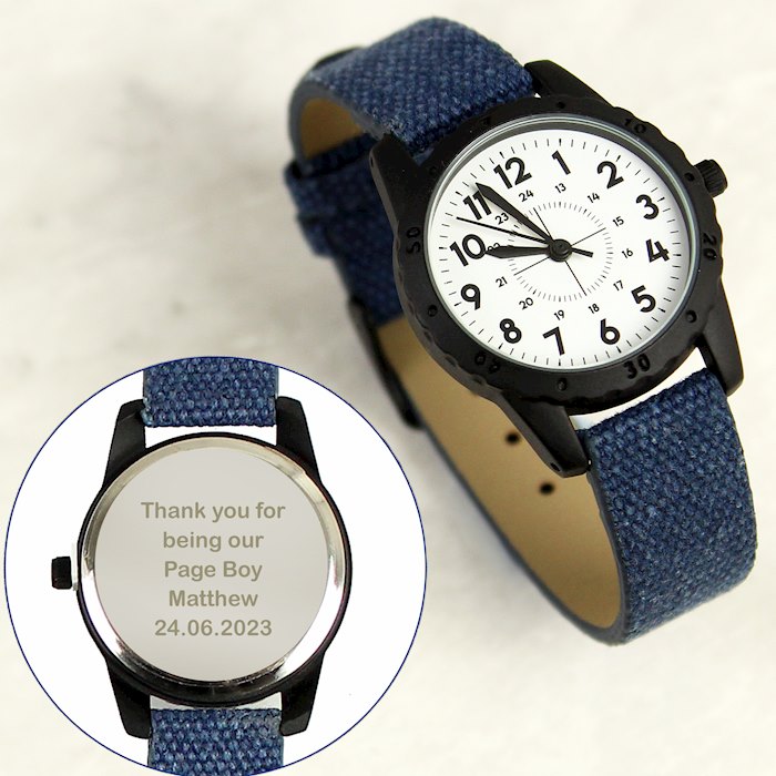 Personalised Black with Blue Canvas Strap Boys Watch