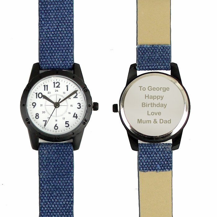 Personalised Black with Blue Canvas Strap Boys Watch