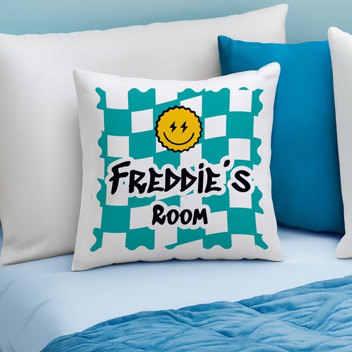 Personalised Blue Check Childrens Bedroom Cushion
