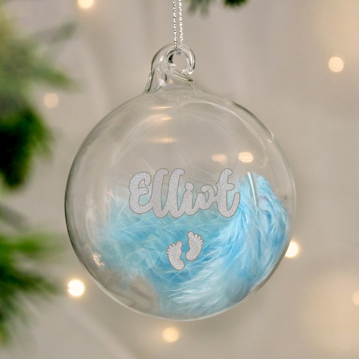 Personalised Blue Feather Silver Footprints Glass Bauble