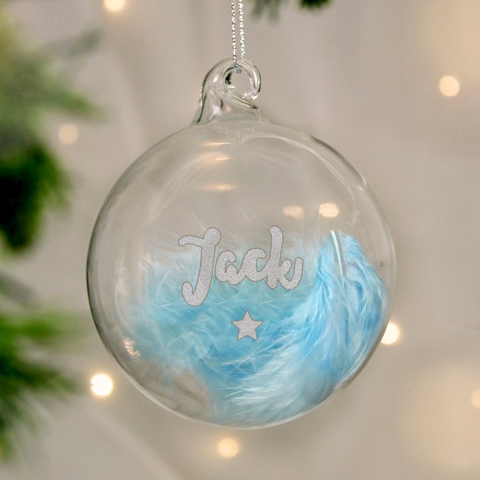 Personalised Blue Feather Silver Star Glass Bauble