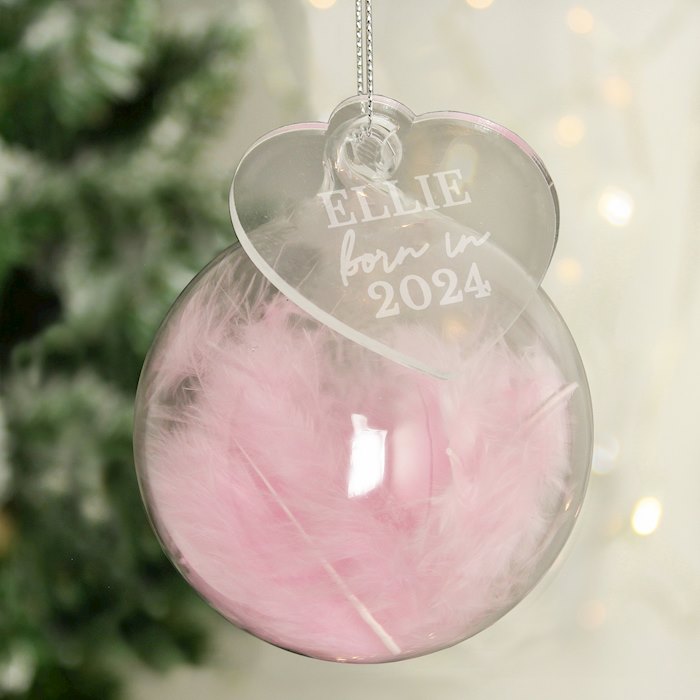 Personalised Born In Pink Feather Glass Bauble With Heart Tag