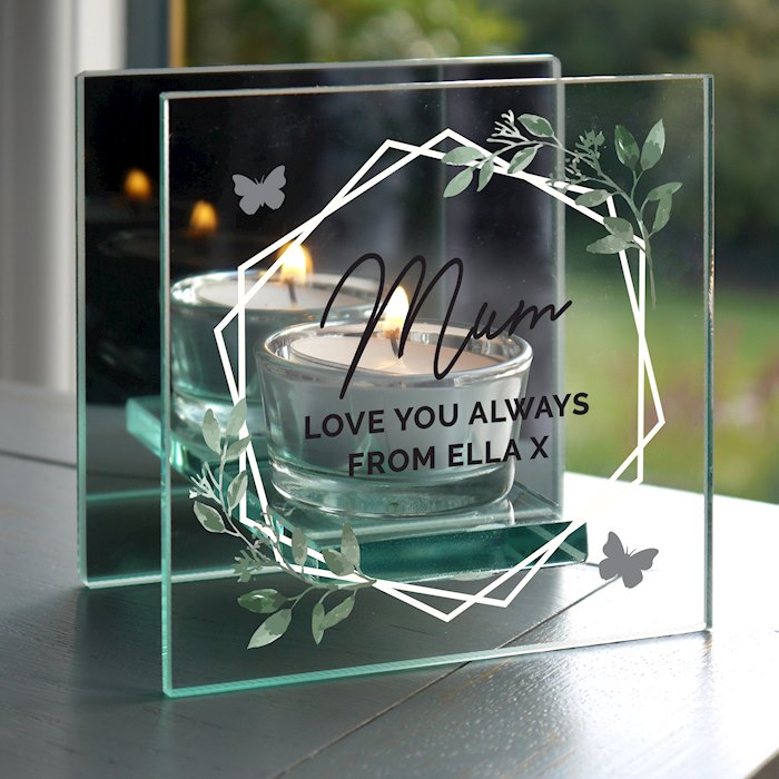 Personalised Botanical Mirrored Glass Tea Light Candle Holder