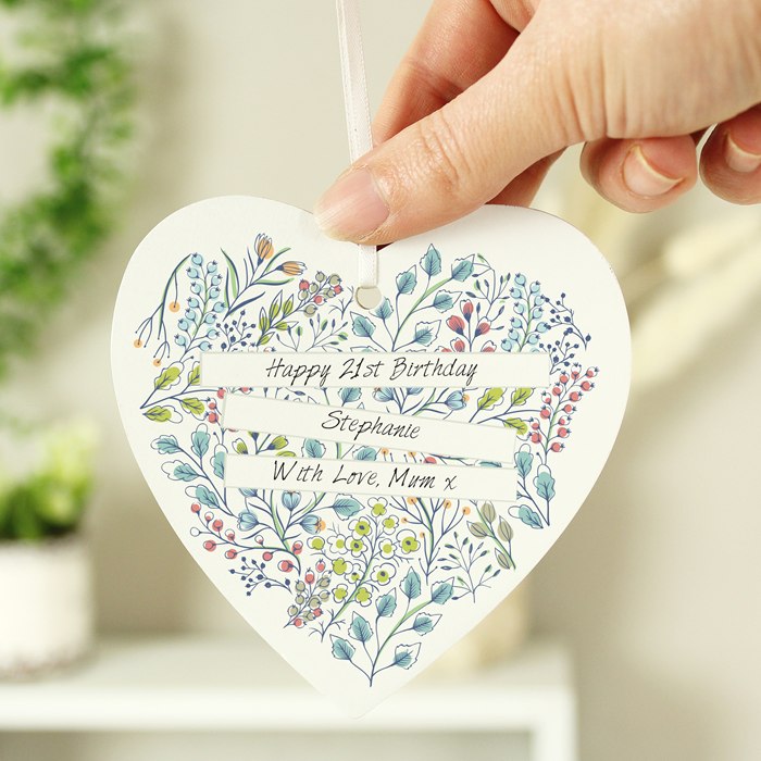 Personalised Botanical Scroll Wooden Heart Decoration