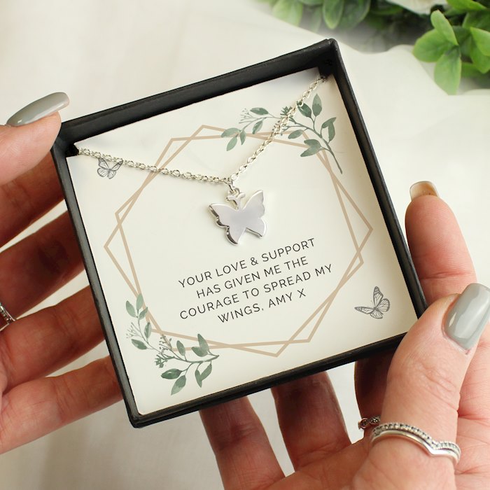 Personalised Botanical Sentiment Butterfly  Necklace and Box