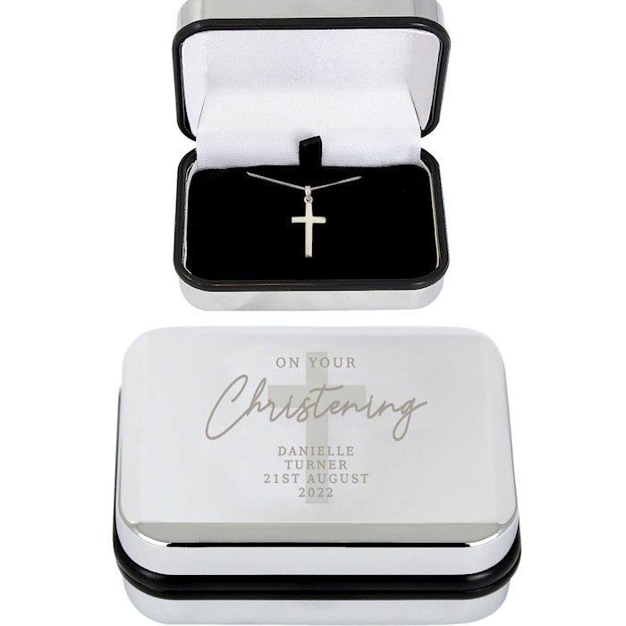 personalised christening trinket box and cross necklace set 2