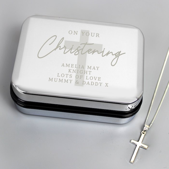 Personalised Christening Trinket Box & Sterling Silver Cross Necklace Set