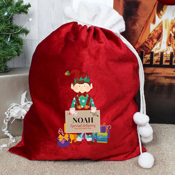 Personalised Christmas Elf Pom Pom Red Santa Sack