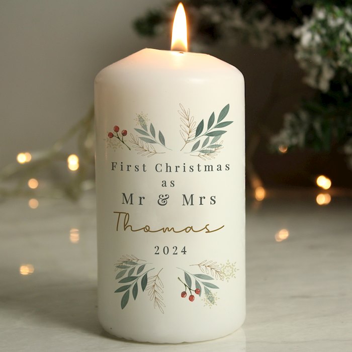 Personalised Christmas Foliage Pillar Candle