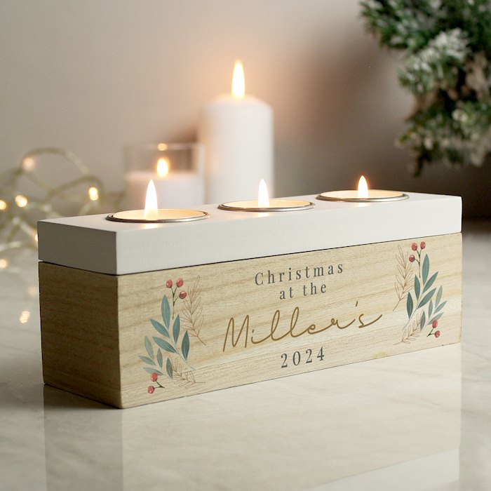 Personalised Christmas Foliage Triple Tea Light Box