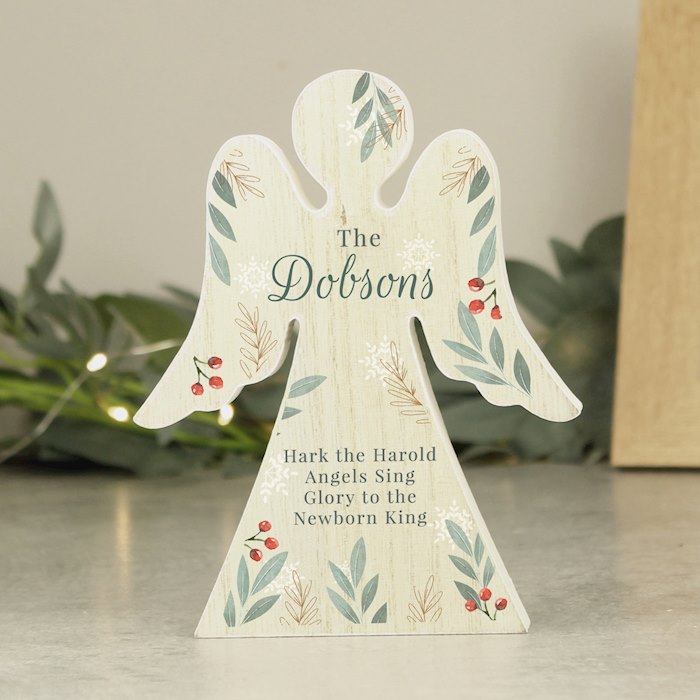 Personalised Christmas Foliage Wooden Angel Ornament