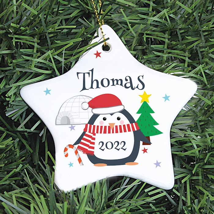 Personalised Christmas Penguin Ceramic Star Decoration