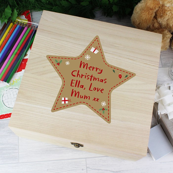 Personalised Christmas Star Large Wooden Keepsake Box