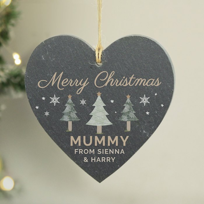 Personalised Christmas Tree Slate Heart Ornament