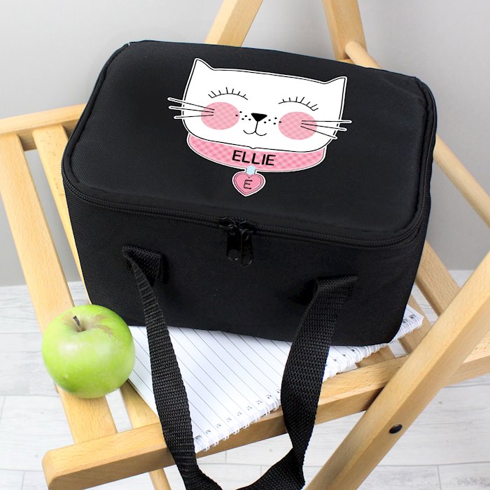 Personalised Cute Cat Black Lunch Bag SpecialMoment.co.uk