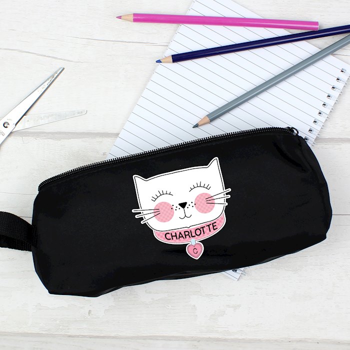 Personalised Cute Cat Black Pencil Case