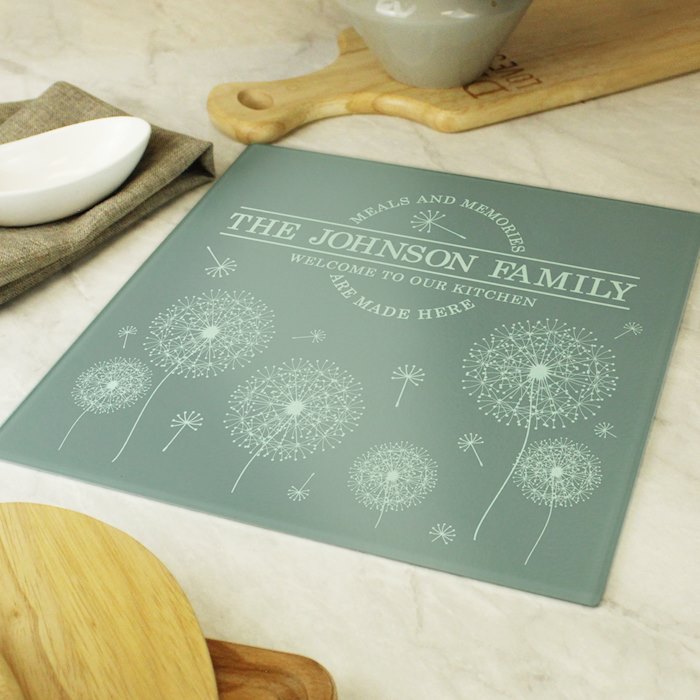 Personalised Dandelion Glass Chopping Board/Worktop Saver SpecialMoment.co.uk