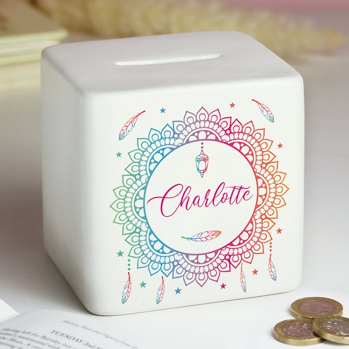 Personalised Dreamcatcher Ceramic Square Money Box