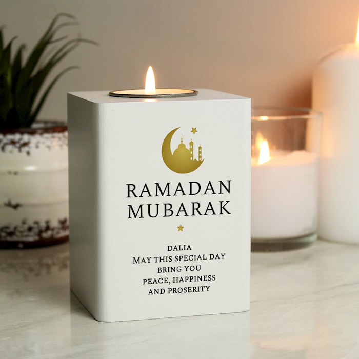 Personalised Eid and Ramadan White Wooden Tea light Holder