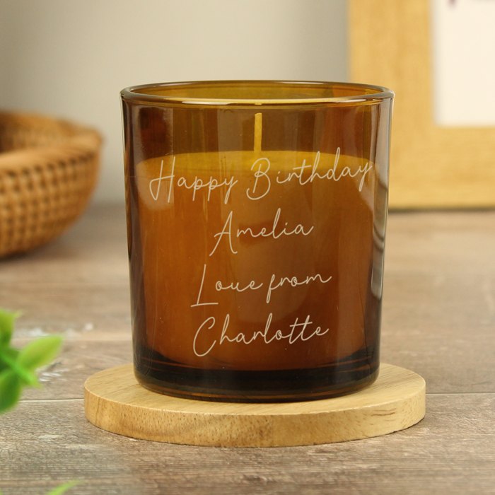 Personalised Engraved Message Amber Glass Candle