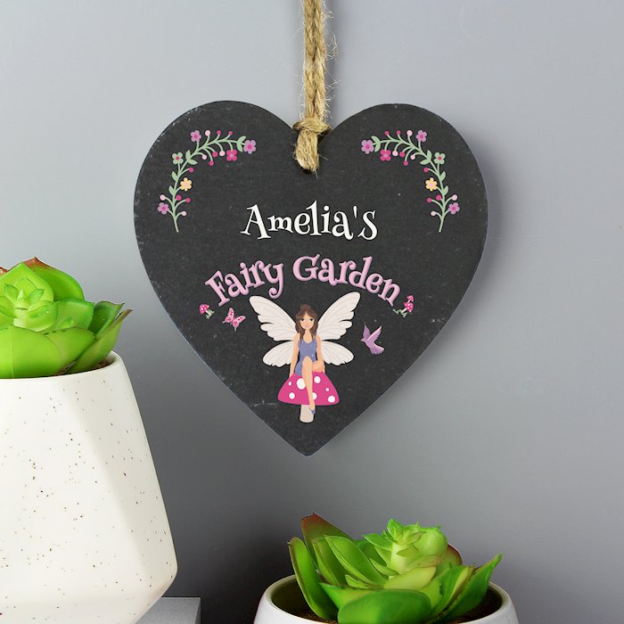 Personalised Fairy Garden Slate Heart Decoration