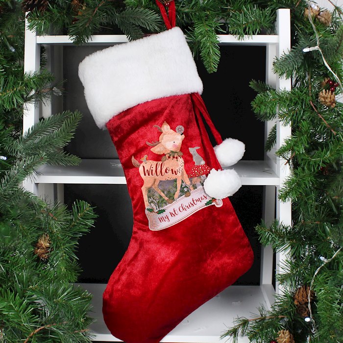 Personalised Festive Fawn Luxury Red Stocking