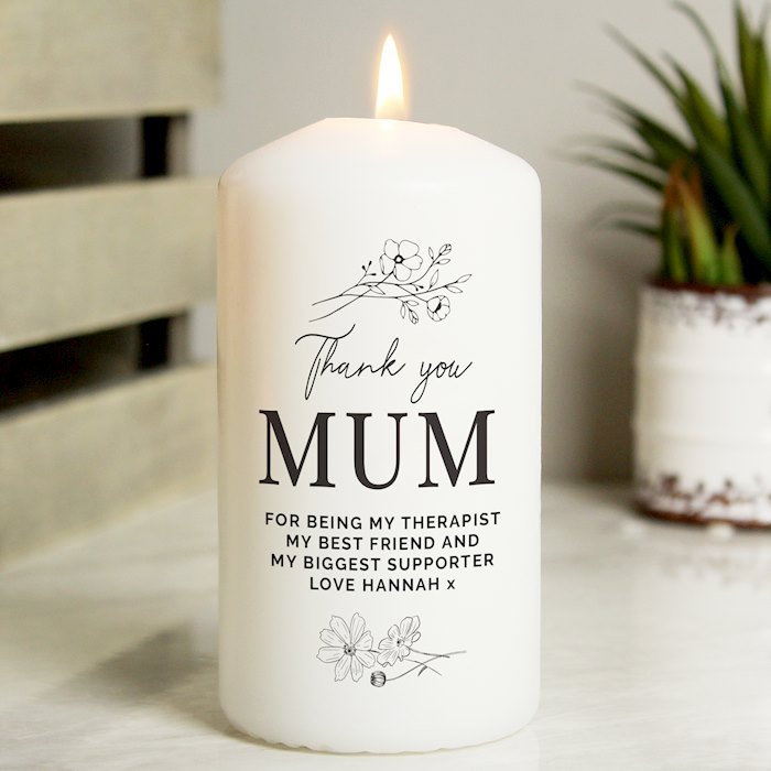 Personalised Fineline Floral Pillar Candle