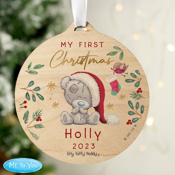 Personalised First Christmas Tiny Tatty Teddy Round Wooden Decoration