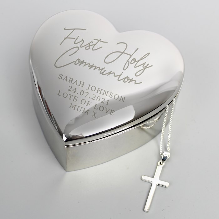 First Holy Communion Heart Trinket Box & Cross Necklace Set