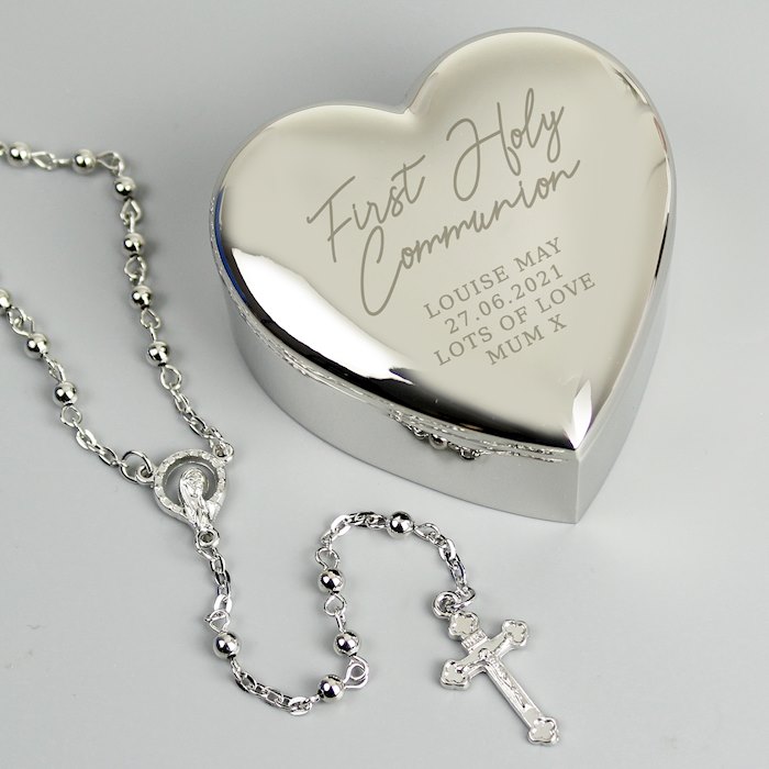First Holy Communion Rosary Beads and Cross Heart Trinket Box