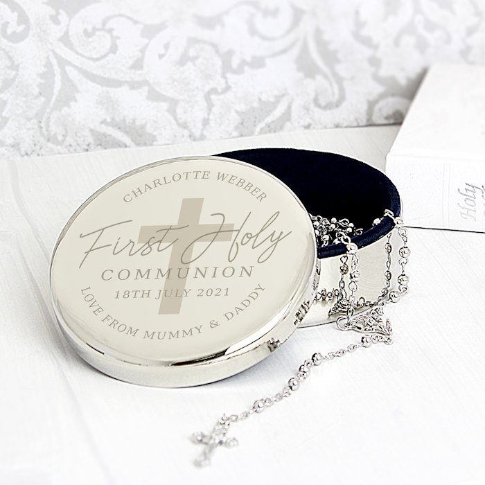 Personalised First Holy Communion Round Trinket Box & Rosary Beads Set
