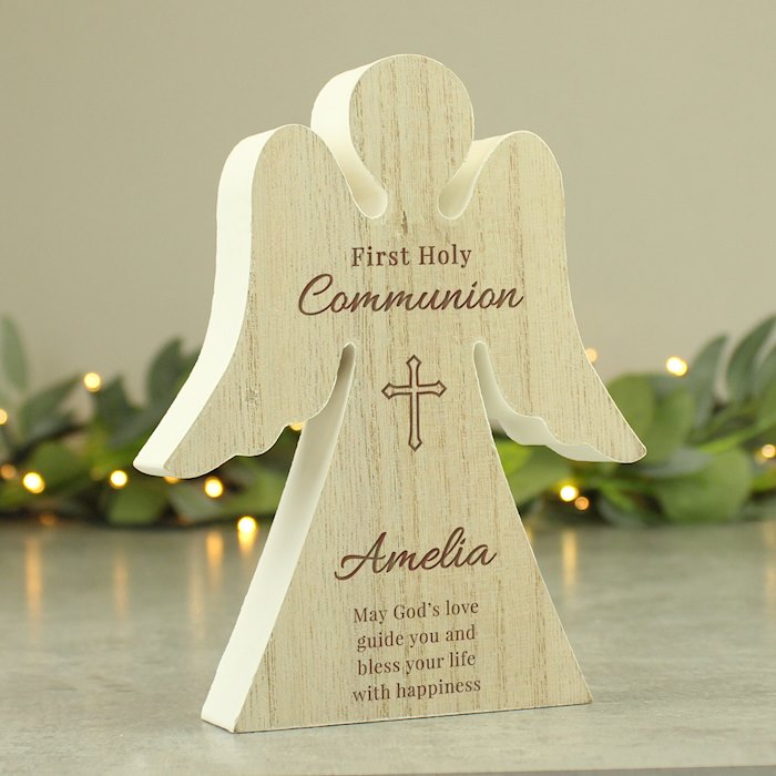 Personalised First Holy Communion Rustic Wooden Angel Decoration