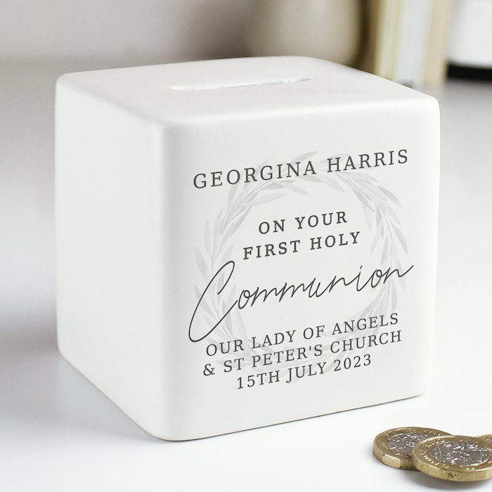 Personalised First Holy Communion Wreath Design Ceramic Square Money Box