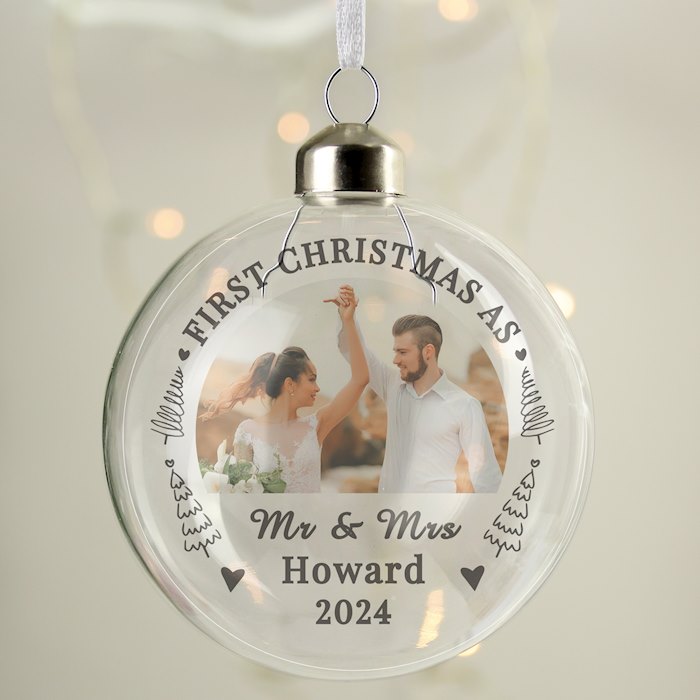 Personalised First Married Christmas Photo Upload Glass Bauble