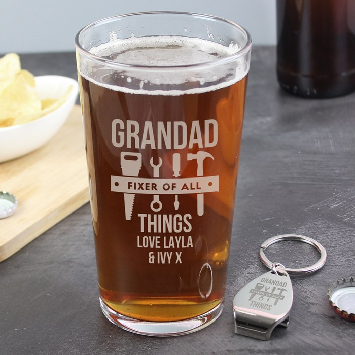 Personalised Fixer of All Things Pint Glass & Bottle Opener