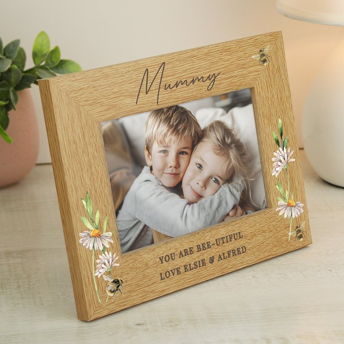 Personalised Floral Bee 6x4 Oak Finish Photo Frame