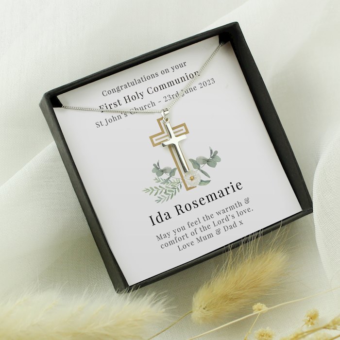 Personalised Floral Religious Sentiment Cross Necklace and Box
