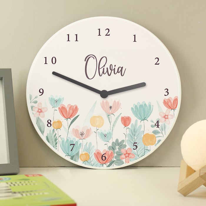 Personalised Floral Wooden Childrens Clock